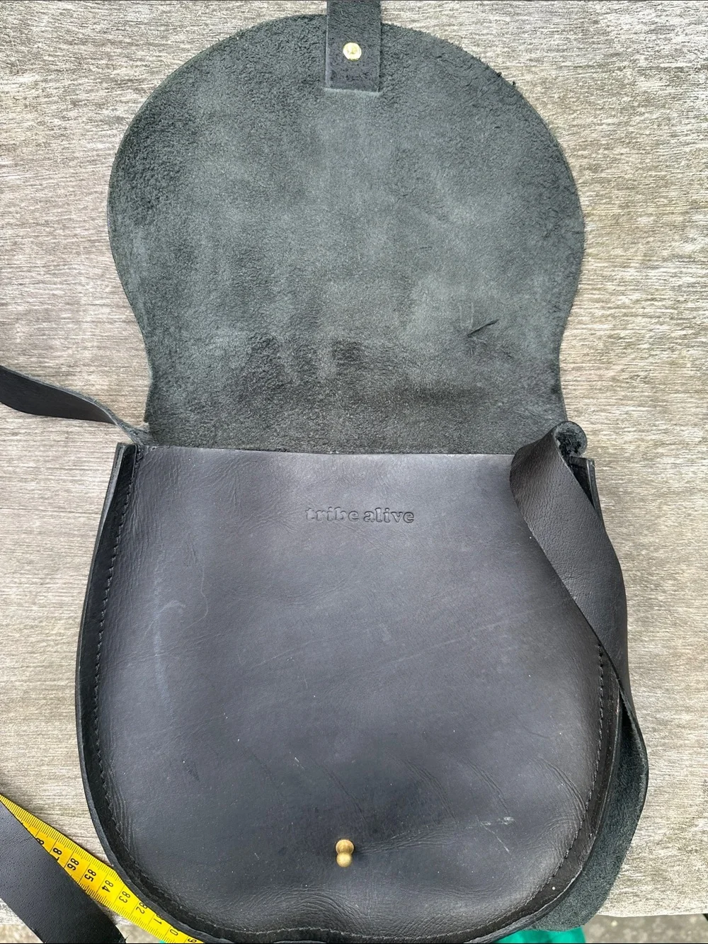 tribe alive Black Leather Saddle Messenger Bag with Brass Stud